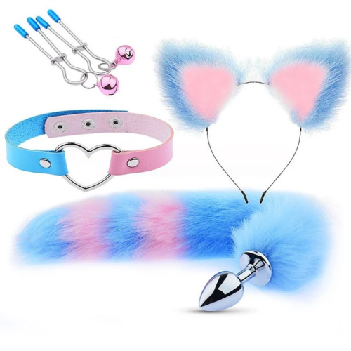 Kit Plug com Cauda, Tiara, Grampos de Mamilos e Gargantilha